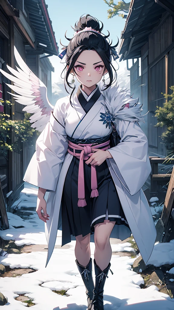 Demon slayer style girl, she can see her whole body, He has white hair , has a pompadour, His eyes are gray , thick natural pink lips, Pink cheeks , profiled nose , Round but slitted eyes , White skin, profiled jaw and straight chin, Ice Pillar uniform from Kimetsu No yaiba , Ice-colored kimono with glacier decoration , She has long white stockings , And he wears light blue boots, low as snow, with flat soles. , He carries a katana with him but it is sheathed., On his shoulder he carries a white crow with a different colored leaf., She is walking through a meadow and looks at the camera with a serious expression
