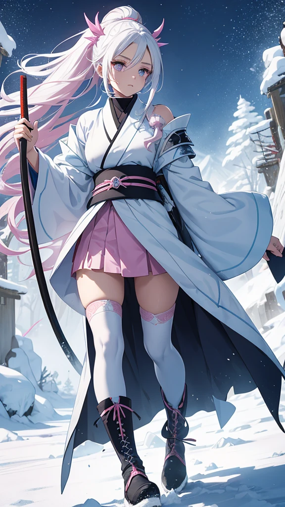 Demon slayer style girl, she can see her whole body, He has white hair , has a pompadour, His eyes are gray , thick natural pink lips, Pink cheeks , profiled nose , Round but slitted eyes , White skin, profiled jaw and straight chin, Ice Pillar uniform from Kimetsu No yaiba , Ice-colored kimono with glacier decoration , She has long white stockings , And he wears light blue boots, low as snow, with flat soles. , He carries a katana with him but it is sheathed., On his shoulder he carries a white crow with a different colored leaf., She is walking through a meadow and looks at the camera with a serious expression 