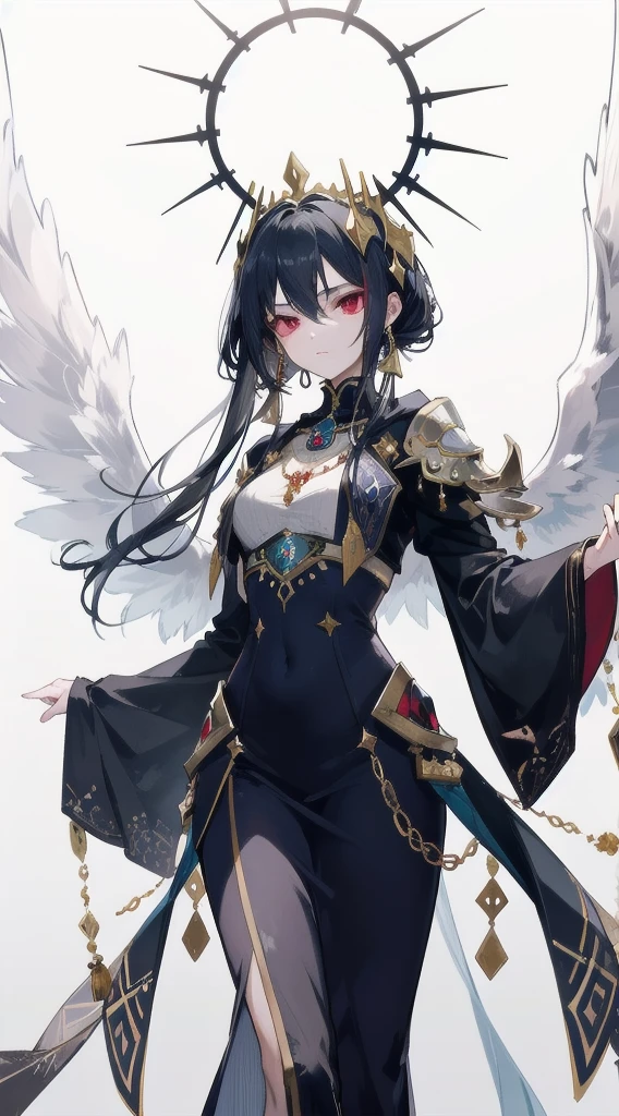"Generate an image portraying Viona true form with black hair and sharp red eyes, concealed beneath a thick armor of radiant light, adorned with majestic wings. Depict her standing regally, her visage obscured by the brilliance of her divine attire. Convey the sense of awe and reverence that her celestial presence commands, as she stands as the epitome of otherworldly power and enigma."