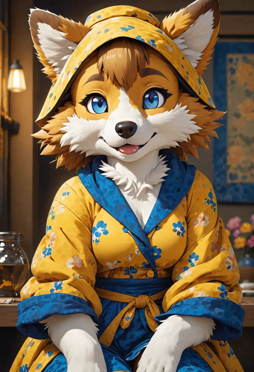 highres, top quality, best quality, paid reward available, High-quality illustrations by Johannes Vermeer, unparalleled masterpiece, perfect artwork, absurdres, perfect anatomy(highly detailed beautiful face and eyes)(angelic cute 1girl, kemono, solo focus)(furry)(furry anthro:1.7)(Furry body, dog facial features, dog body features)(very detailed body fur)full body, dynamic pose,