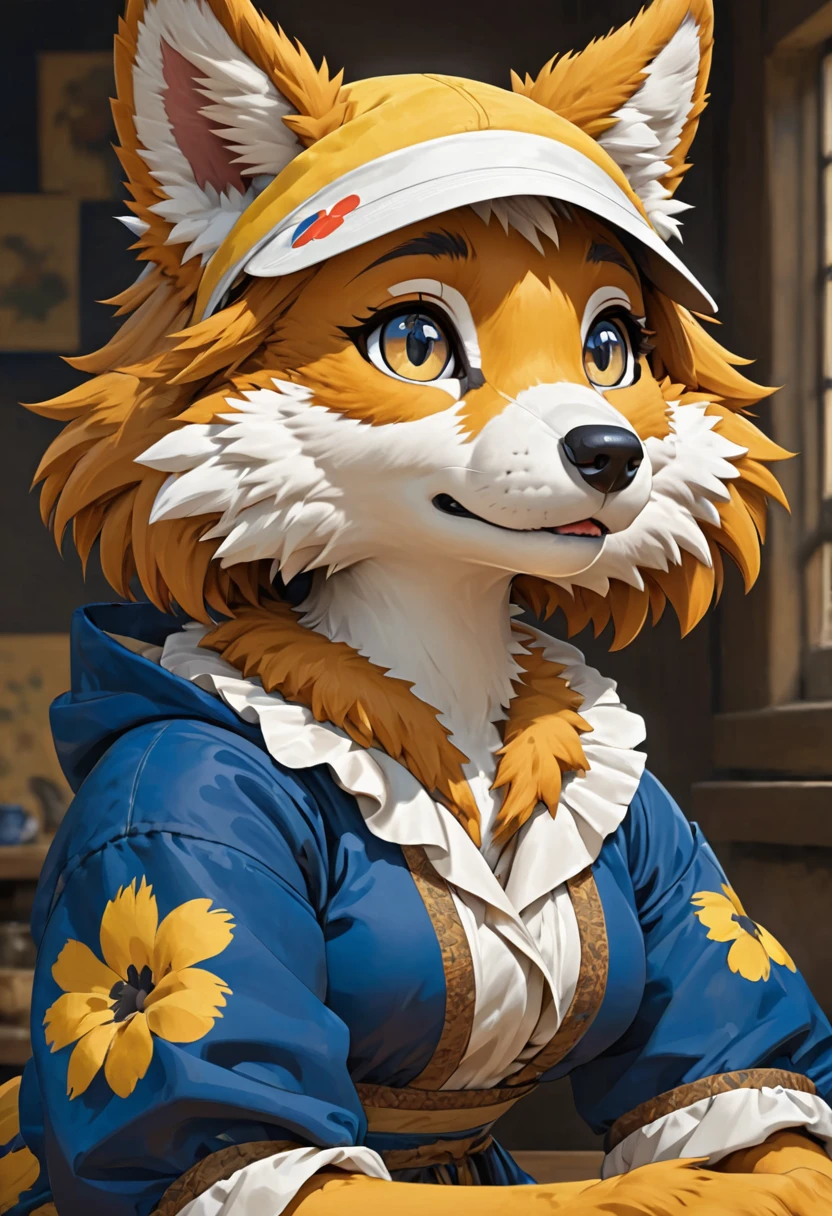 highres, top quality, best quality, paid reward available, High-quality illustrations by Johannes Vermeer, unparalleled masterpiece, perfect artwork, absurdres, perfect anatomy(highly detailed beautiful face and eyes)(angelic cute 1girl, kemono, solo focus)(furry)(furry anthro:1.7)(Furry body, dog facial features, dog body features)(very detailed body fur)full body, dynamic pose,