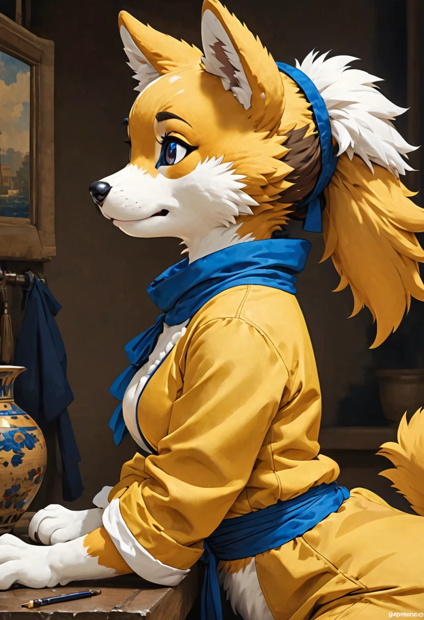 highres, top quality, best quality, paid reward available, High-quality illustrations by Johannes Vermeer, unparalleled masterpiece, perfect artwork, absurdres, perfect anatomy(highly detailed beautiful face and eyes)(angelic cute 1girl, kemono, solo focus)(furry)(furry anthro:1.7)(Furry body, dog facial features, dog body features)(very detailed body fur)full body, dynamic pose,