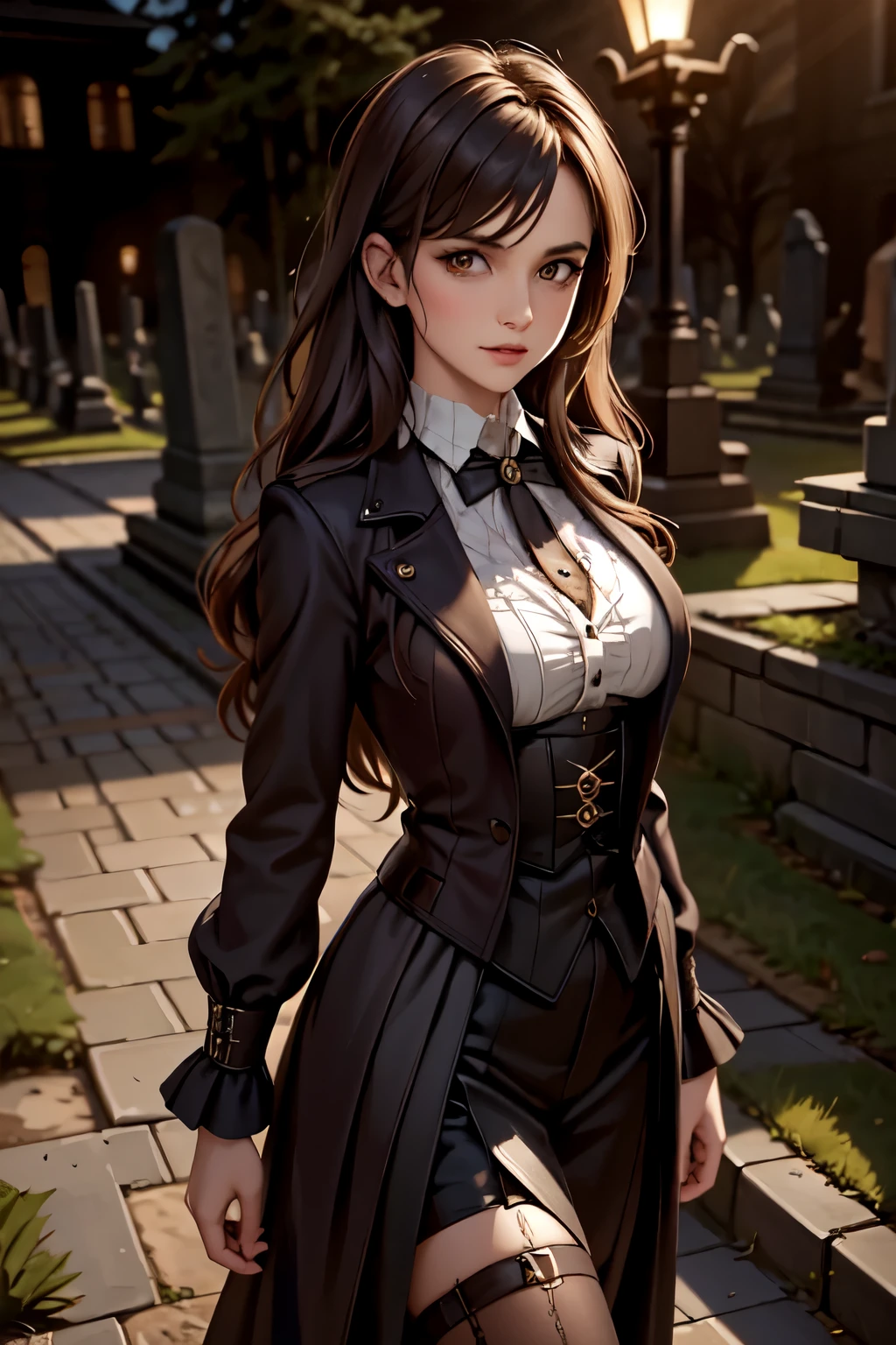 Cinematic, Vampire slayers, walks in an Gothic cemetery at night wearing a gothic steampunk fashion dress, fog and rainy condition, ghostly atmosphere, 1800s, (high skin detail: 1.2), ultra-detailed, photo-realistic, depth of field, cinematic lighting, IMAX camera, HDR, DTM, Full HD, 8k  , captured in ultra high resolution with photorealistic and beautiful lighting. This masterpiece is of the best quality and is set against a zentangle abstract background (weighted at 1.4).
