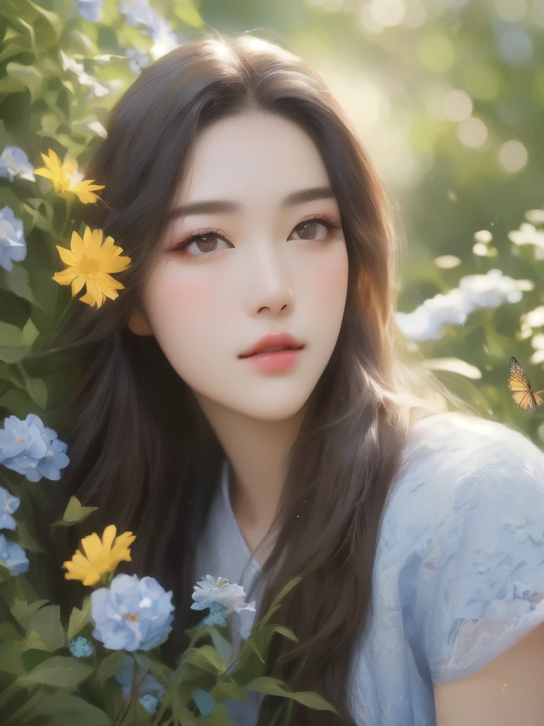 Close-up of a woman with long hair and a blue shirt, Popular Korean makeup, Dilraba Dilmurat, Popular Korean makeup, Beautiful Korean Women, Beautiful portrait, Soft Portrait Shot 8k, korean artist, Beautiful young Korean woman, Beautiful aesthetic face, With flowers, Written by Tang Xinyun Senna, Realistic. Chen Yi