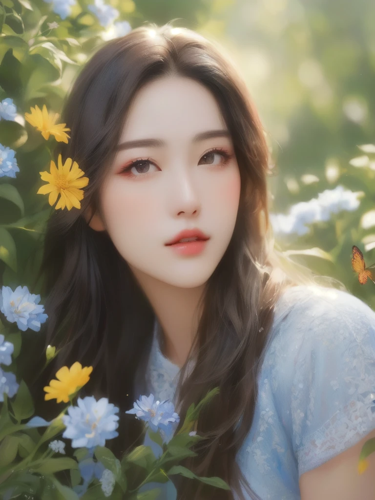 Close-up of a woman with long hair and a blue shirt, Popular Korean makeup, Dilraba Dilmurat, Popular Korean makeup, Beautiful Korean Women, Beautiful portrait, Soft Portrait Shot 8k, korean artist, Beautiful young Korean woman, Beautiful aesthetic face, With flowers, Written by Tang Xinyun Senna, Realistic. Chen Yi