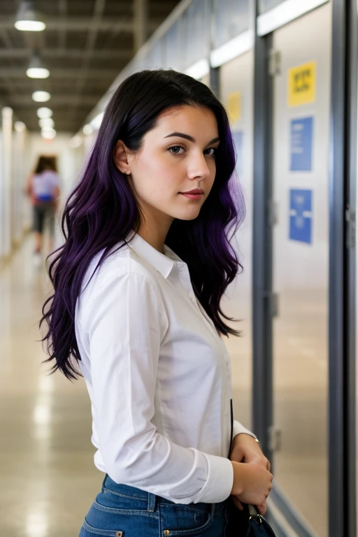 A young woman with dark purple hair, blue eyes walking around NASA.