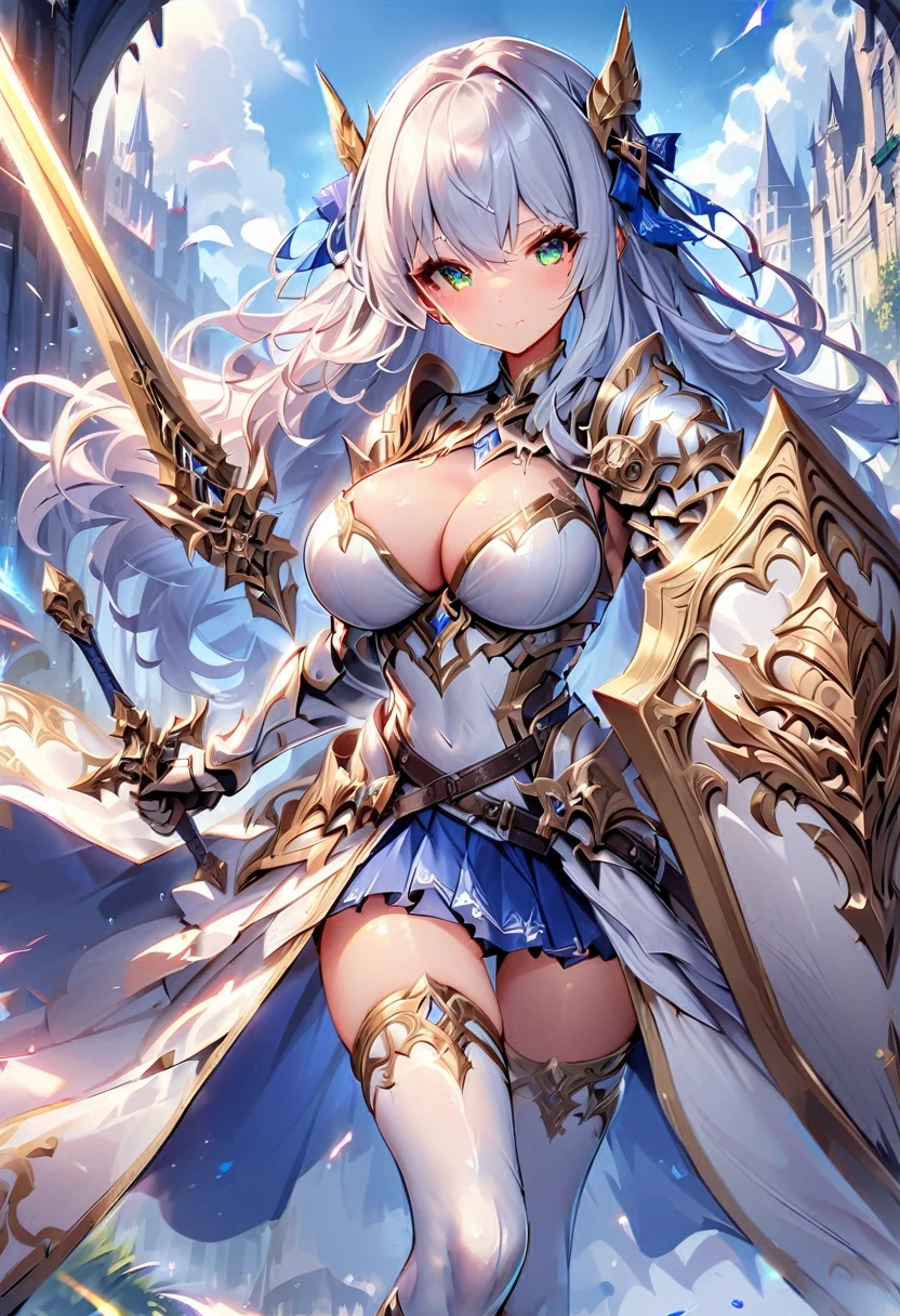 masterpiece,best quality, knight, long hair, silver hair, green eyes,((1girl)), (white_armor), golden ornaments, sword, shield, ((holding sword)), ((big breasts)), exposed belly, 1girl, cleavage, legs exposed, ((shield-over_arm)), ((Perfect face)),add_detail:1, add_detail:0, add_detail:0.5, ((Sword and shield))