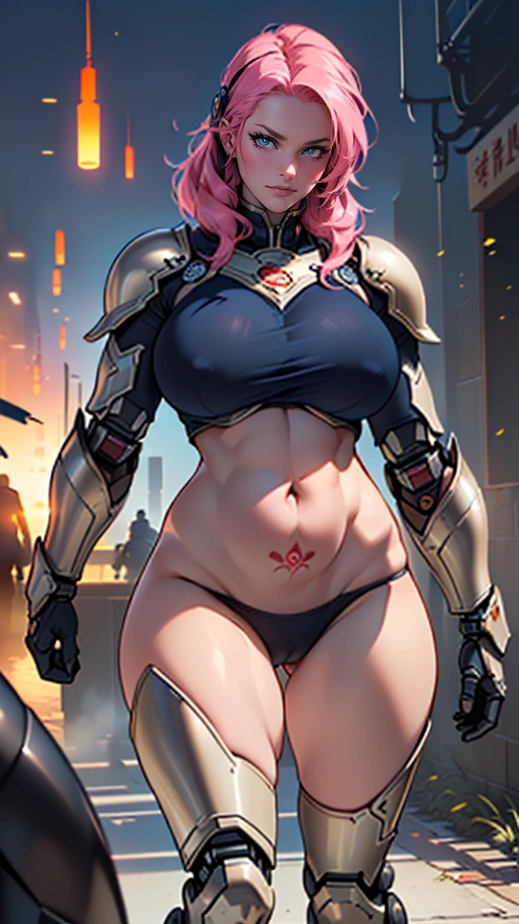 1 girl, long pink hair, (Cao Cao resolutiabout, pixel perfect, gorgeous illustratiabouts), (hyper qualit, piece flies, etheric: 1.4), (1 girl), (((((hand_about_having_In that:))))), (((stare,Cao Cao_flegs))), (((facing the front)), (((gazing_Mattire))), ((((In that: focus)))), ((tatoo)), ((Woman)), Cool atmosphere, (((Advanced armor))), blue colored eyes, ((((mysterious smile)))), (((cybernetic armor))), (((((((milf))))))), ((thick-tCao Caos)), (((Broad Hips))), ((Large breasts that are about to burst)), sexually, (((Woman))), (((what_to spend_technological armor))), ((firm skin)), knee-Cao Cao, lewd Woman, (shining skin), big pink hair
