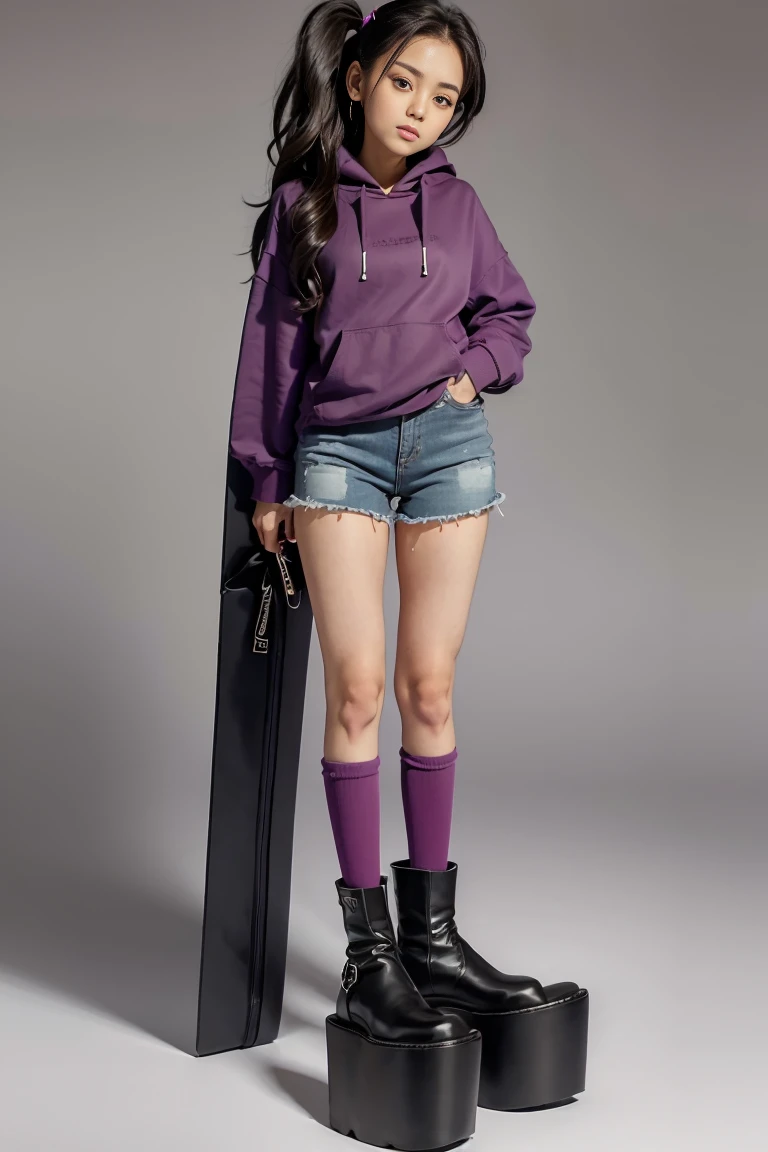 conjoined, 2heads, girl with two heads instead of one, 2head, cuerpo curvilineo, brazos curvilineos, shorts, ropa abrigada, piernas curvilineas, anime cartoon, using a purple hoodie, each head has a ponytail, anatomia proporcionada, torso ancho, pechos medianos, full body, perspectiva en picada, platform boots, black boots, black skirt, pantyhose, black high heels Bored, big shorts,
