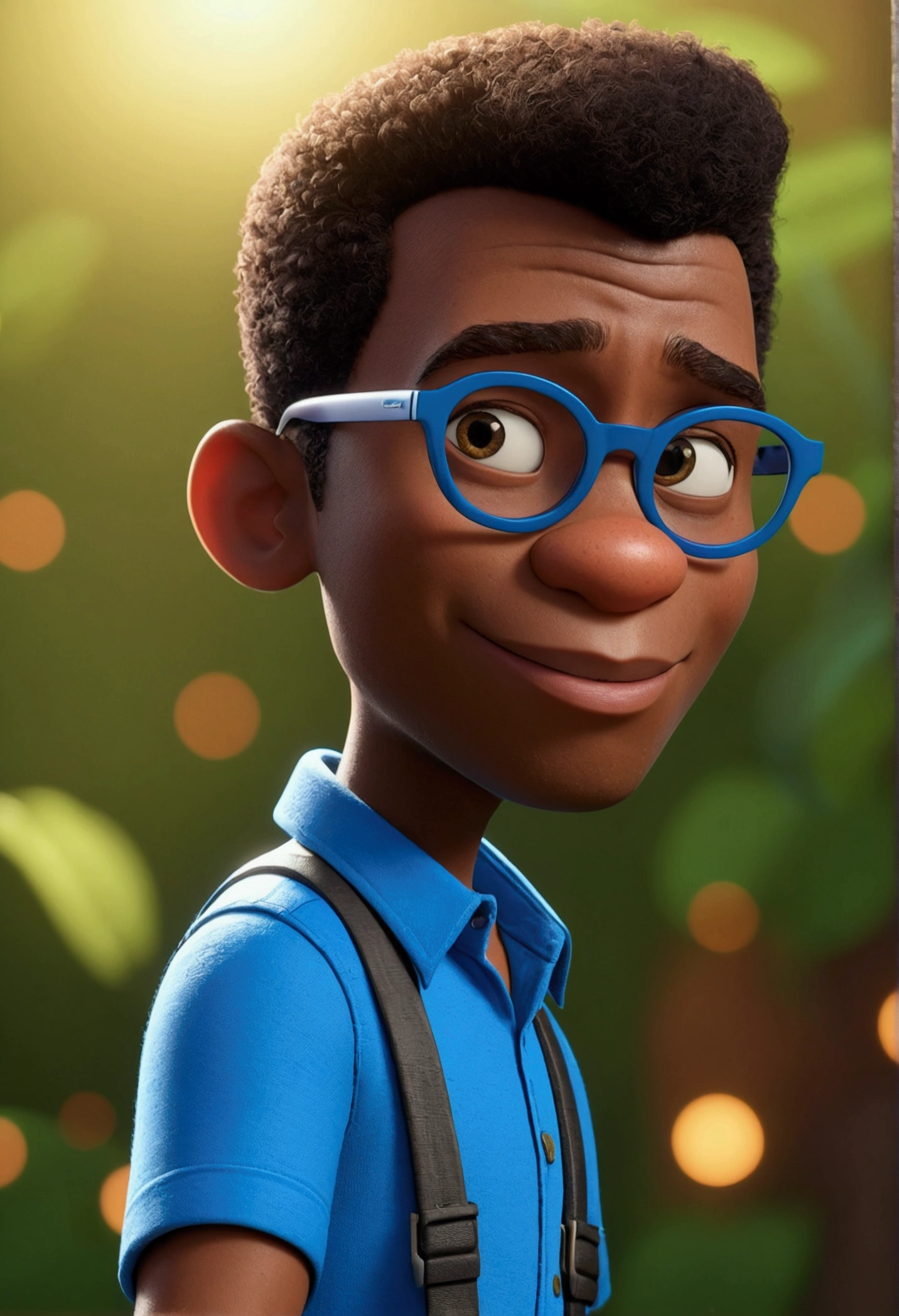 Cartoon character of a black man wearing black glasses and a blue shirt, um personagem animado, Caractere estilizado, animation style rendering, 3D estilizado, Arnold Maya render, 3 d render stylized, toon render keyshot, Personagem 3D, Personagem 3D, 3d rendering stylized, 3 d character render, personagem de desenho animado, Personagem de close up, Pose de personagem, (Estilo Pixar) (master part:1. 2) (Bokeh) (best quality) (pele detalhada) (textura detalhada) (8k) (argila) (Cinematic lighting) (foco nítido,Senta e vaza a parte superior do corpo