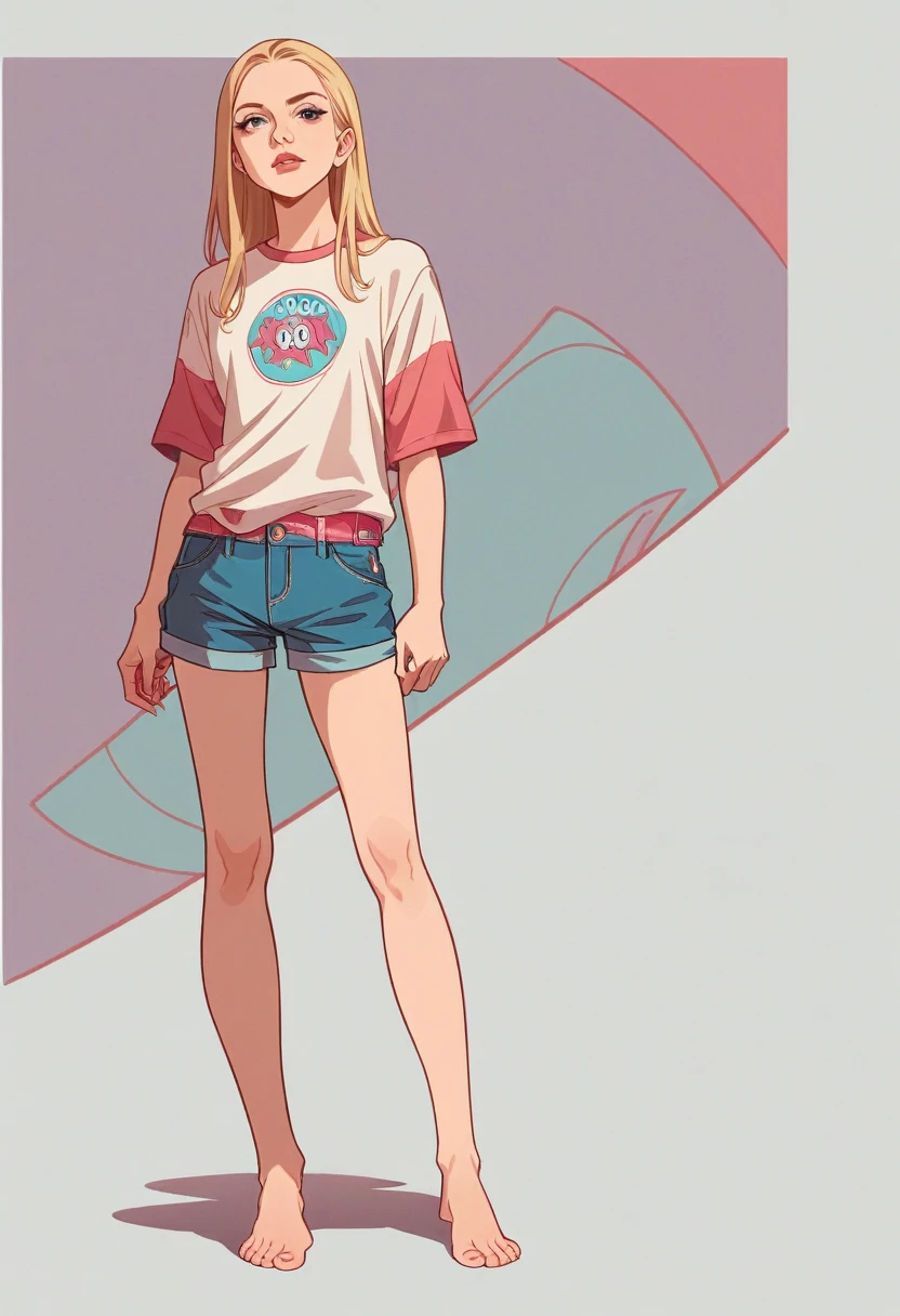 Sexy Scarlett Johanson realistic face long blonde hair, single person, sexy casual clothes in pink colors, whole body, full legs, accurate face, accurate body, sexy figure, casual colorful clothes, tshirts, Shorts, volumetric lighting