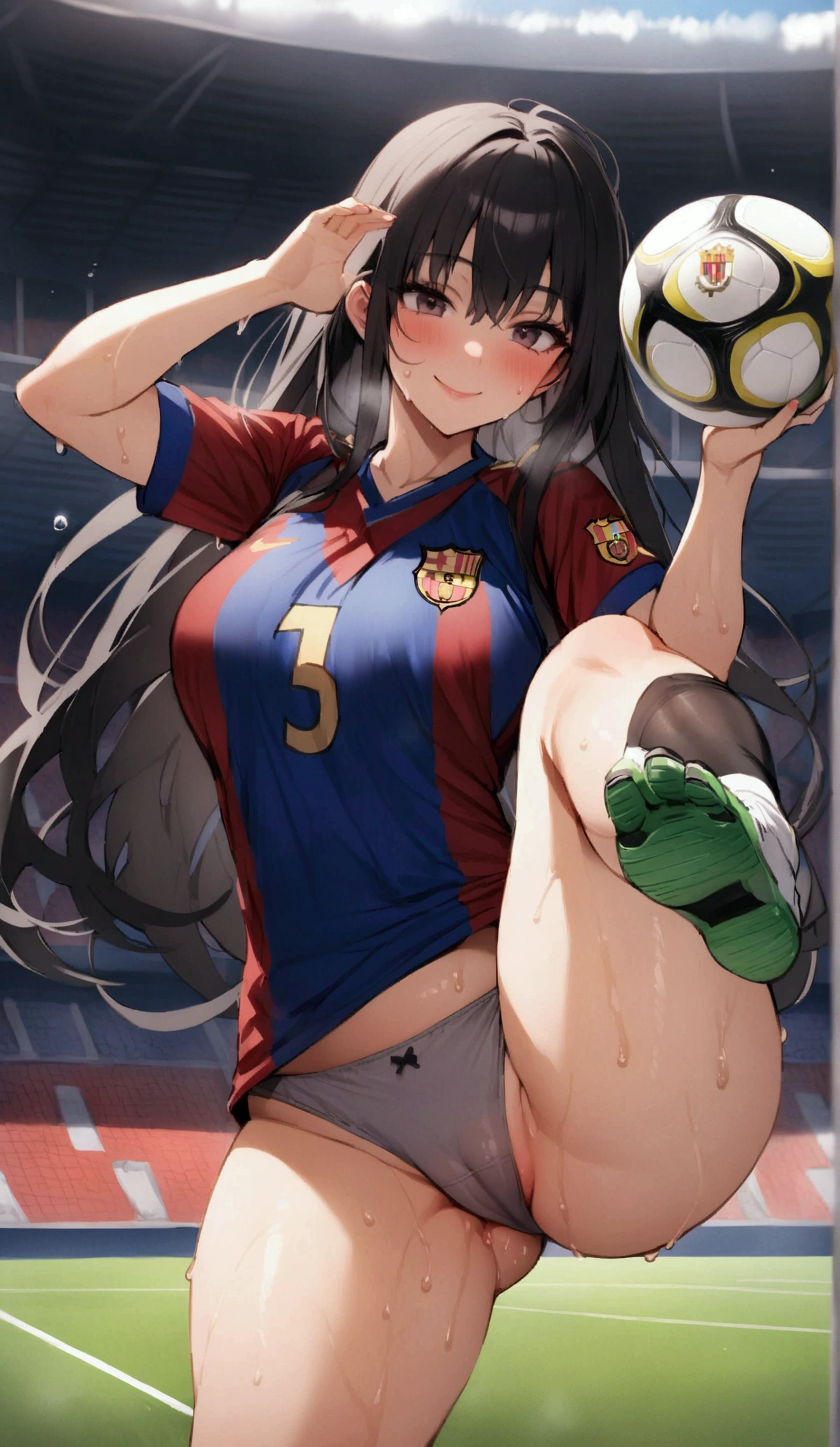 One woman、beautiful girl、high school girl、Soccer uniforms、Barcelona uniforms、Long Hair、smile、Grey sports panties、Football Stadium、soccer ball、Shoot shoots、Kicking the ball、Soccer Shoot、The stands are packed、Highest quality, Thick thighs、Big Ass、Black Hair、Sweaty body、Number 10、Sweaty crotch