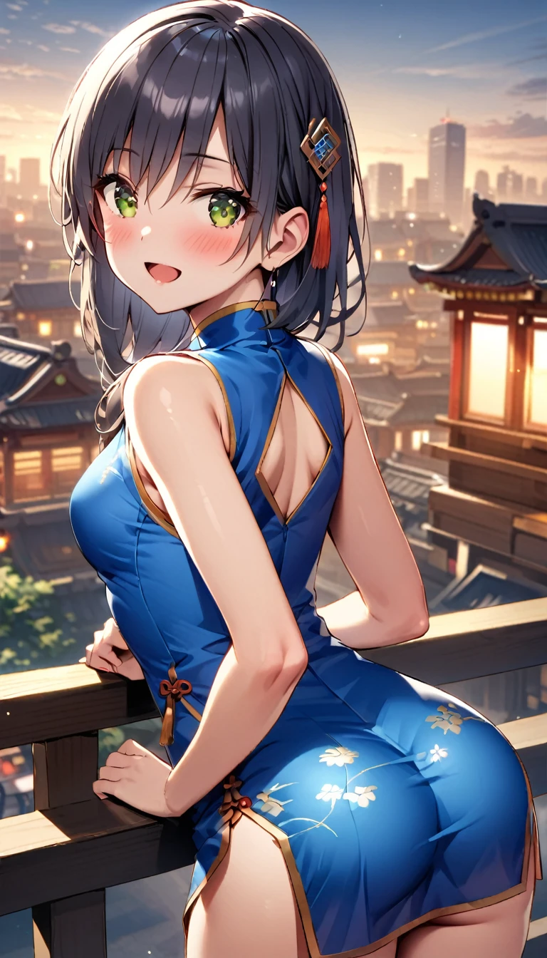 woman,20-year-old,city,(((blue Silk cheongsam))),,open mouth smile((black hair)),blush、,((turn around and look back))()Reflecting the buttocks