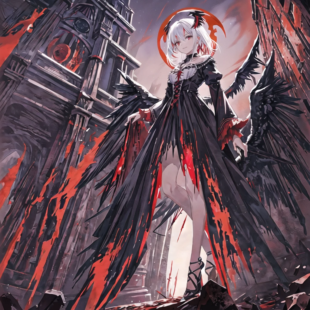 Masterpiece, top quality, bright colors, one girl, white hair, black hair, magenta hair, red eyes, glowing eyes, dark atmosphere, black wings, black halo, fallen angel, from below, descending from heaven, gothic clothes, looking down , Blood, ((Blood Moon, Red Moon))), Purple Aura, Divine Advent, Fire, Cinematic Lighting, Glowing Aura Lighting, Full Body, Spectacular Background, starrystarscloudcolorful