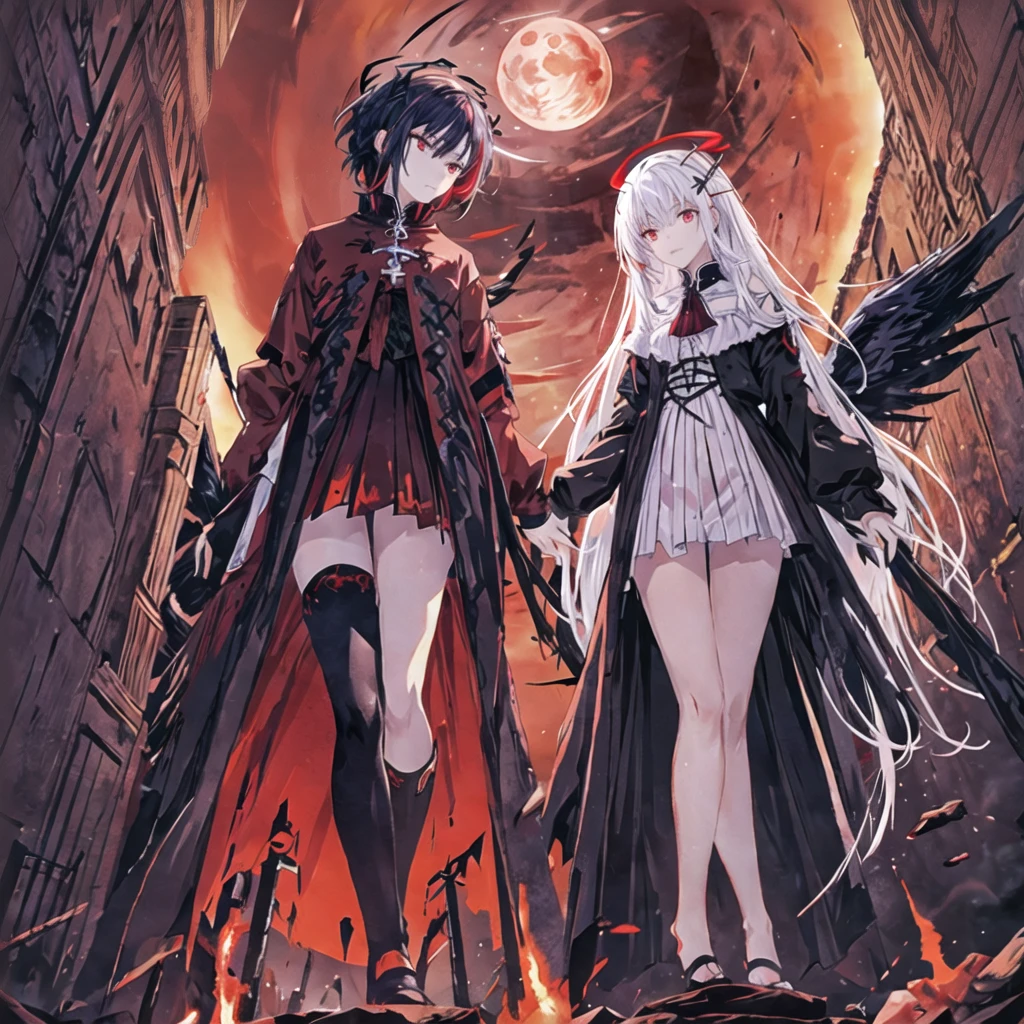 Masterpiece, top quality, bright colors, one girl, white hair, black hair, magenta hair, red eyes, glowing eyes, dark atmosphere, black wings, black halo, fallen angel, from below, descending from heaven, gothic clothes, looking down , Blood, ((Blood Moon, Red Moon))), Purple Aura, Divine Advent, Fire, Cinematic Lighting, Glowing Aura Lighting, Full Body, Spectacular Background, starrystarscloudcolorful