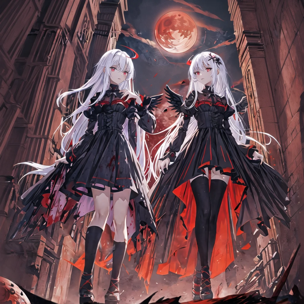 Masterpiece, top quality, bright colors, one girl, white hair, black hair, magenta hair, red eyes, glowing eyes, dark atmosphere, black wings, black halo, fallen angel, from below, descending from heaven, gothic clothes, looking down , Blood, ((Blood Moon, Red Moon))), Purple Aura, Divine Advent, Fire, Cinematic Lighting, Glowing Aura Lighting, Full Body, Spectacular Background, starrystarscloudcolorful