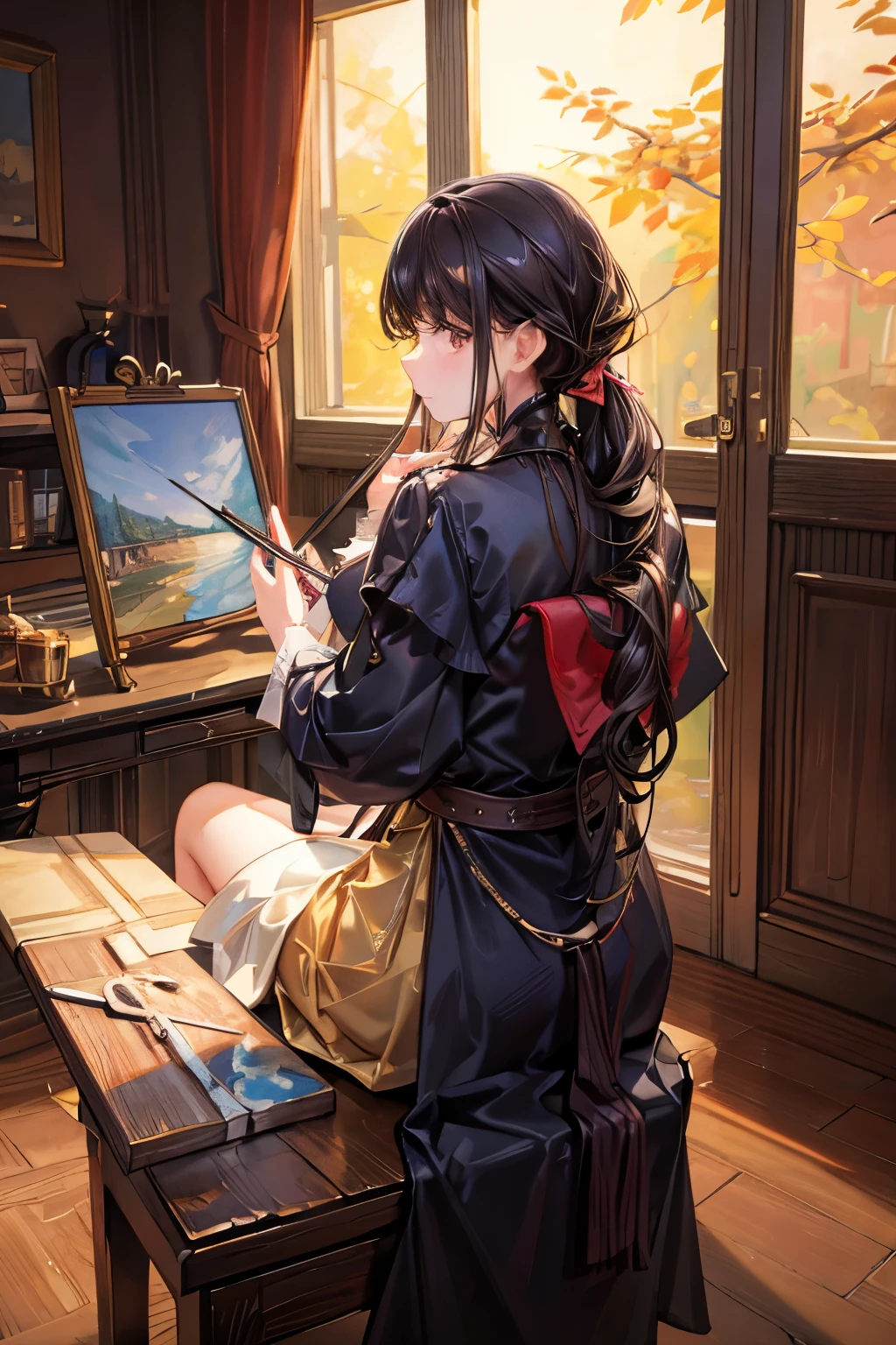 two beautiful young girls sitting at a table painting together, detailed facial features, high angle, angle from their back, warm lighting, canvas on easel, colorful palette, elegant studio setting, masterpiece, photorealistic, 8k, highly detailed, dynamic composition, natural lighting, vibrant colors, soft focus