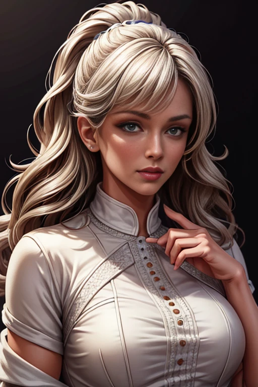 a woman with a white coat and white pants, holding a tooth in her hand, extremely detailed digital drawing, 8k, photorealistic, hyperrealistic, highly detailed face and eyes, flowing fabric, studio lighting, intricate details, vibrant colors, clean lines, sharp focus, professional digital art