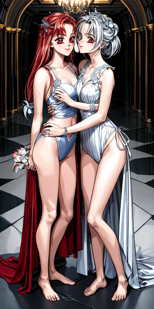 Body position: Standing, straight, symmetrical, barefoot, Lustful smile on face with red blush, 2 girls like Cassia Orsellio white pale skin with red eyes who gets married and stands in front of many people, nsfw, kissing