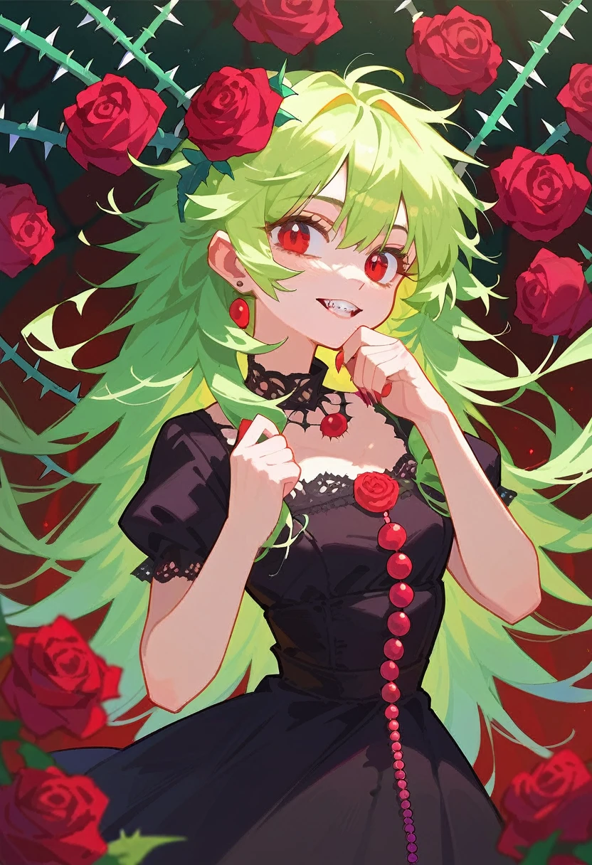 pastel green hair, red eyes, pale, vampire, vampire teeth, bat and thorn hair accessories, black dress with ruffles and lace, beads, thorns, roses, long fluffy hair, character concept art
