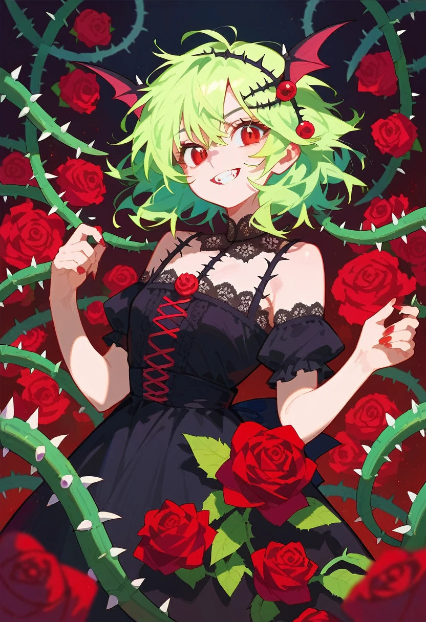 pastel green hair, red eyes, pale, vampire, vampire teeth, bat and thorn hair accessories, black dress with ruffles and lace, beads, thorns, roses, long fluffy hair,