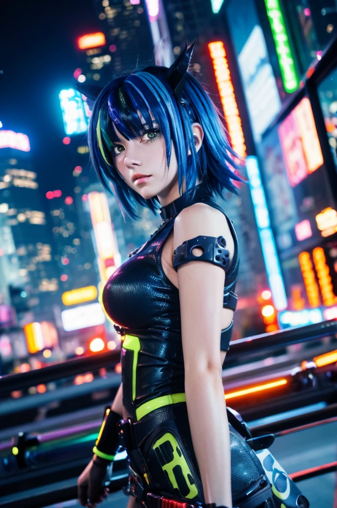 masterpiece, cyberpunk, crowd, city, night, neon light, toned, sci-fi, extremely detailed 8k wallpaper, 1girl, holding gun, battle, multicolored hair, blue hair, short hair, yellow eyes, two-tone hair, streaked hair, xenovia quarta dxd