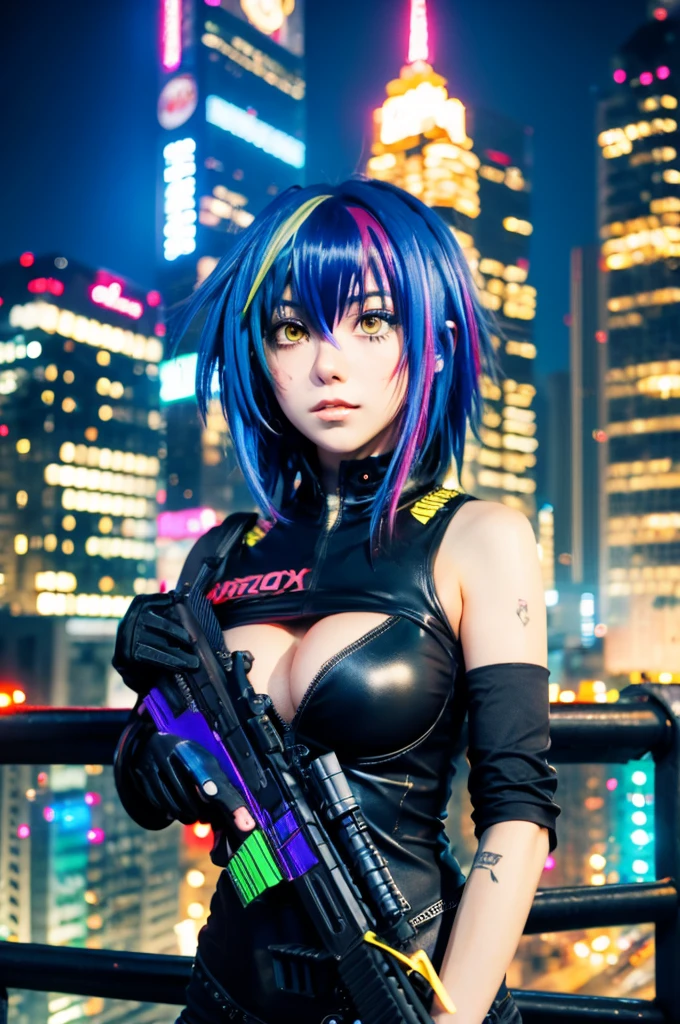 masterpiece, cyberpunk, crowd, city, night, neon light, toned, sci-fi, extremely detailed 8k wallpaper, 1girl, holding gun, battle, multicolored hair, blue hair, short hair, yellow eyes, two-tone hair, streaked hair, xenovia quarta dxd