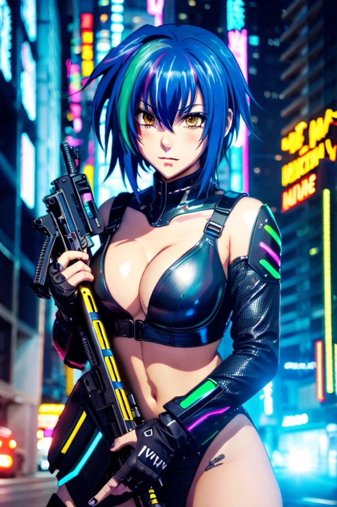 masterpiece, cyberpunk, crowd, city, night, neon light, toned, sci-fi, extremely detailed 8k wallpaper, 1girl, holding gun, battle, multicolored hair, blue hair, short hair, yellow eyes, two-tone hair, streaked hair, xenovia quarta dxd