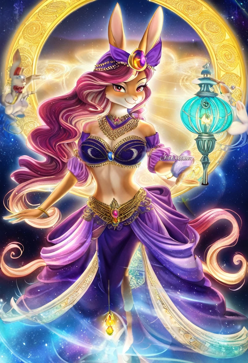 novel illustration, cover page, highres, top quality, best quality, paid reward available, unparalleled masterpiece, perfect artwork, absurdres, High-quality illustrations, super high resolution, detailed background, perfect anatomy(1girl, kemono, rabbit furry anthro, fearless smile, Arab national costume)Aladdin and the magic lamp, arabian clothing, turkish lamps, mystical, dreamy, magical, enchanting, mesmerizing, alluring, seductive, captivating lamps, iridescent, luminescent, glowing, golden, rich tones, vibrant colors, bewitching lights, captivating reflections, luminescent glow, dazzling, dazzling light, enchanting illumination, mesmerizing sparkle, entrancing, bewitching glow, luminous, mesmerizing shimmer, enthralling, bewitching gleam, radiant luminosity, heavenly radiance, celestial luminosity, divine radiance, ethereal brilliance, heavenly illumination, luminescent radiance, luminous sheen, glittering, iridescent shine, bewitching aurora, enchanting aurora,