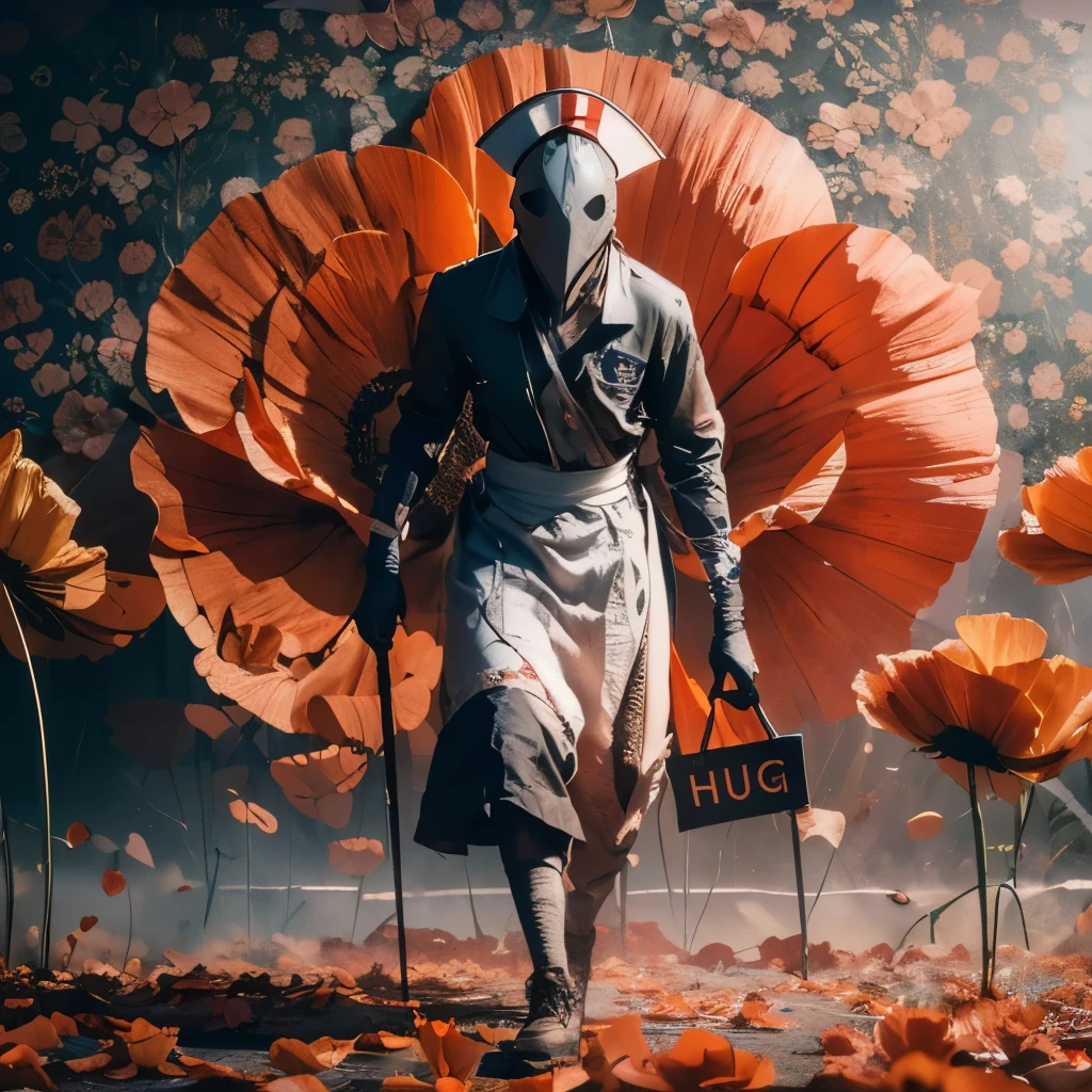 A stunning image of a horrifying faceless nurse, against a backdrop of wallpaper with large poppies. The nurse is limping, carrying a sign that reads 'HUG ME'. The style is moody, cinematic horror with a dynamic composition, grainy and noisy, reminiscent of concept art by Alberto Seveso, Cyril Rolando, and Dan Mumford. The artwork is meaningful, detailed, created with the look of digital illustration, Unreal Engine 5, in a 32k maximalist, hyper-detailed fantasy art style, with 3D digital art elements, sharp focus, and the quality of a masterpiece in dreamcore, SergeyProkudinGorsky