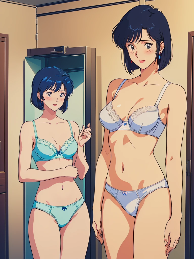 masterpiece, top quality, ultra detailed, (((((NOGAMI_SAEKO, bob cut), (SUMERAGI_AIKA), best anatomy, in underwear, (panties, elaborately designed luxury panties for adults, panties high definition images, draw panties with super precision), lace trimmed bra, extremely detailed texture, earrings, red lip, embarrassed, blush, smile)))), cowboy shot, (((underwear in dressing room))), white skin, (presenting panties), (display panties:1.5),holding panties with both hands