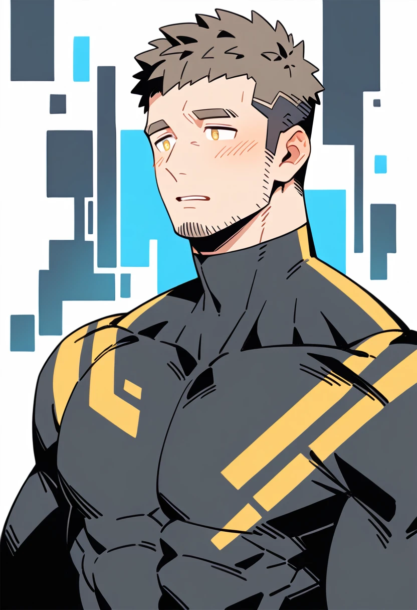 anime characters：Gyee Priapus, Muscle Sports Student, Buzz Cut, Manliness, male focus, Compression bodysuit, Yellow and black high collar long sleeve tight diving suit, Very tight, Regular symmetrical pattern, full and perky chest muscles, muscular male, muscular, only, Upper body, alone, Red short hair, Thick eyebrows, stubble, Brown-red pupils, White background, simple background, amazing quality, best aesthetics, Ridiculous, crew cut, parted lips, flustered, endured face, shy, blush, negative space, negative space, best quality