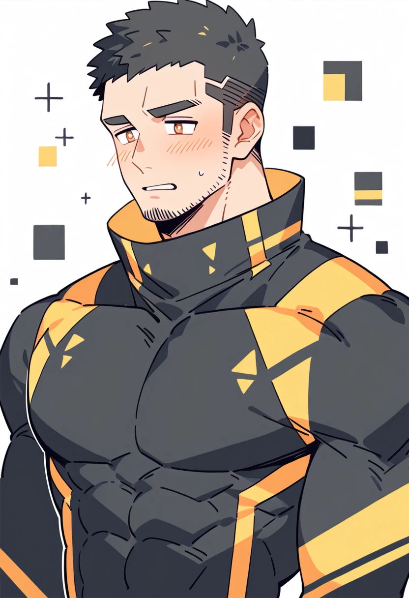 anime characters:Gyee Priapus, Muscle Sports Student, Buzz Cut, Manliness, male focus, Compression bodysuit, Yellow and black high collar long sleeve tight diving suit, Very tight, Regular symmetrical pattern, full and perky chest muscles, muscular male, muscular, only, Upper body, alone, Red short hair, Thick eyebrows, stubble, Brown-red pupils, White background, simple background, amazing quality, best aesthetics, Ridiculous, crew cut, parted lips, flustered, endured face, shy, blush, negative space, negative space, best quality