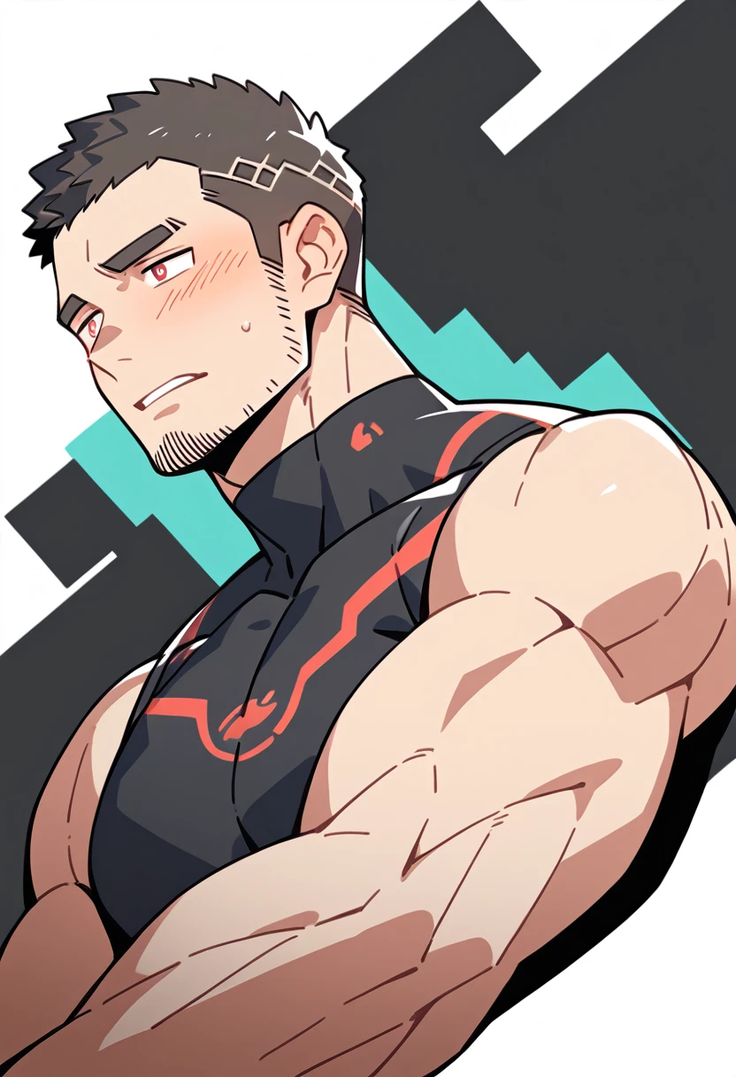 anime characters:Gyee Priapus, Muscle Sports Student, Manliness, male focus, Compression bodysuit, Red black high collar long sleeve tight diving suit, Very tight, Regular symmetrical pattern, full and perky chest muscles, muscular male, muscular, only, Upper body, alone, Red short hair, Thick eyebrows, stubble, Brown-red pupils, White background, simple background, amazing quality, best aesthetics, Ridiculous, crew cut, parted lips, flustered, endured face, shy, blush, negative space, negative space, best quality