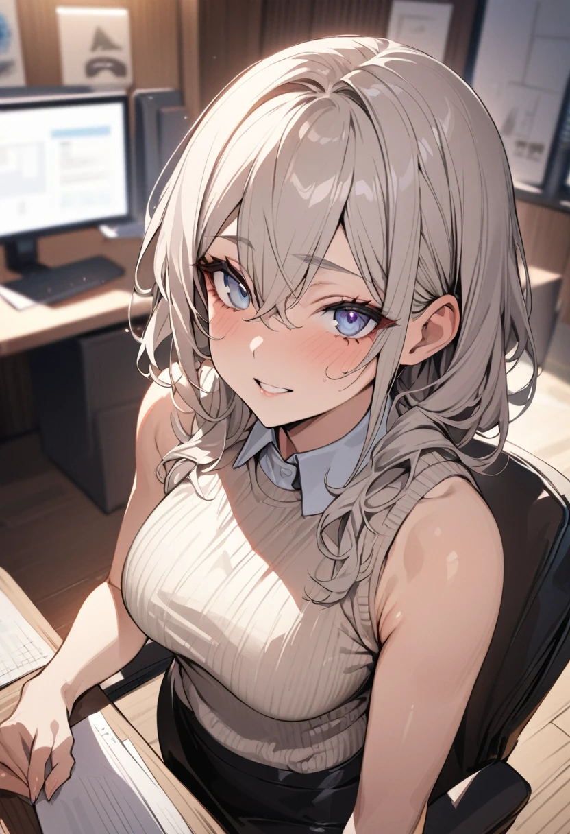 (((masterpiece))),(((High resolution)))、Beautiful office lady wearing sleeveless sweater and pencil skirt, Looking at the camera, ((Top quality eyes)), Detailed face, ((Detailed Texture)), hentai face
