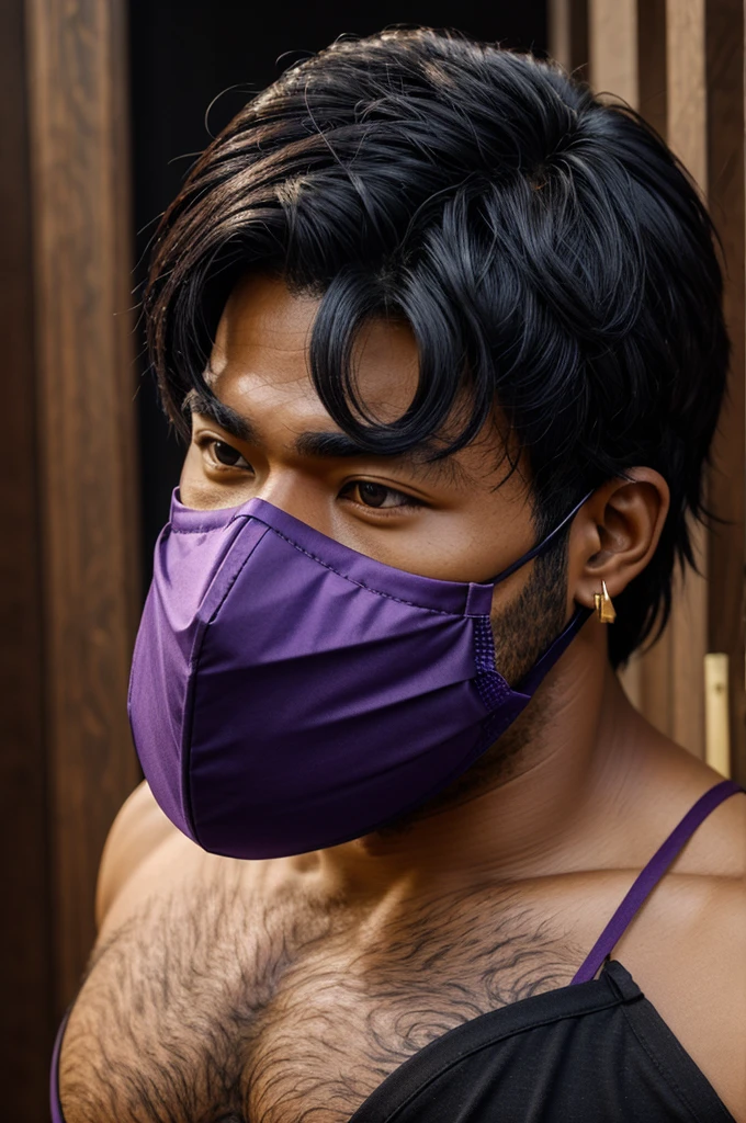Masculine man in the style of kimestu no jaiba black hair purple eyes tonebde brown skin dark skin earrings with a mask tied to the waist Japanese oni mask 