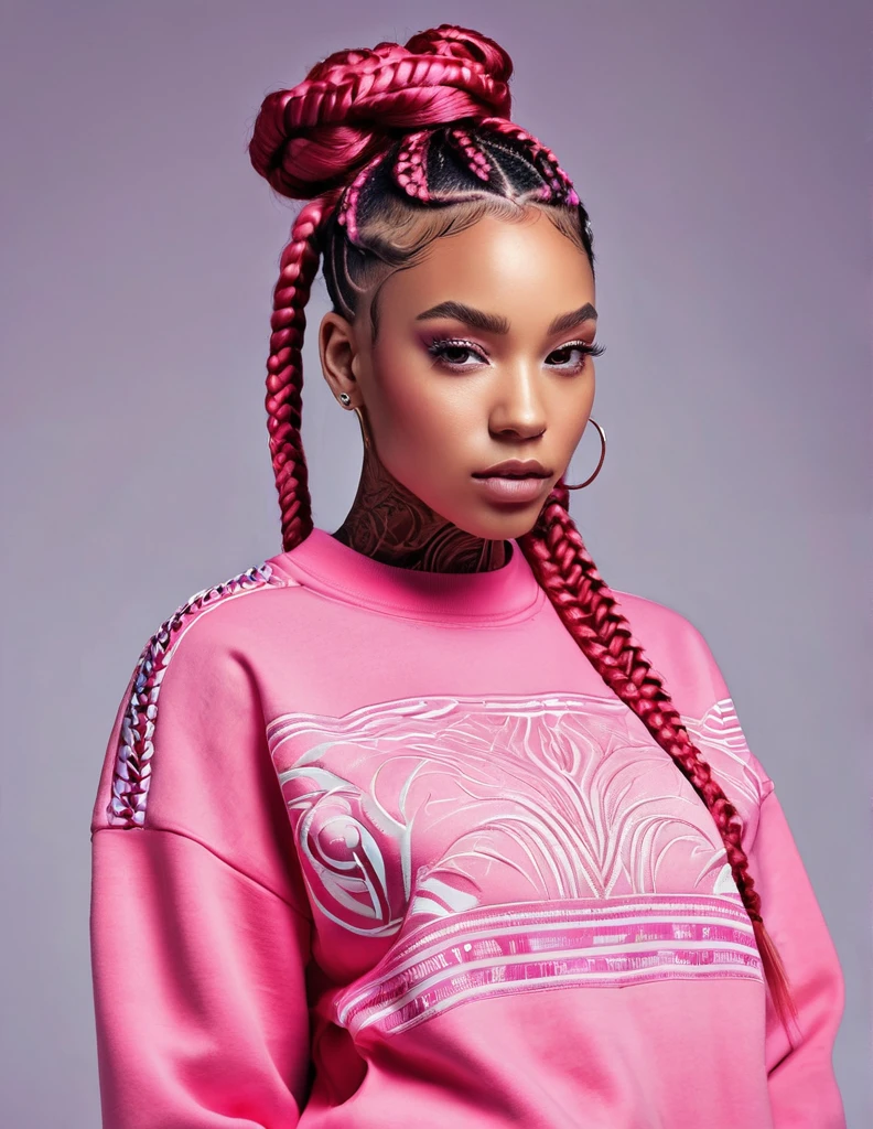 Full body, a close up of a person with a pink sweatshirt and a pink sweatshirt, a picture by Dr. Atl, trending on dribble, afrofuturism, red intricate long braids, complex design hair, unique hair designs, cornrows, mixed styles, cornrows braids, red braided hair, elegant fantasy style braids, long cornrows, detailed hair, intricate!!!!! professional