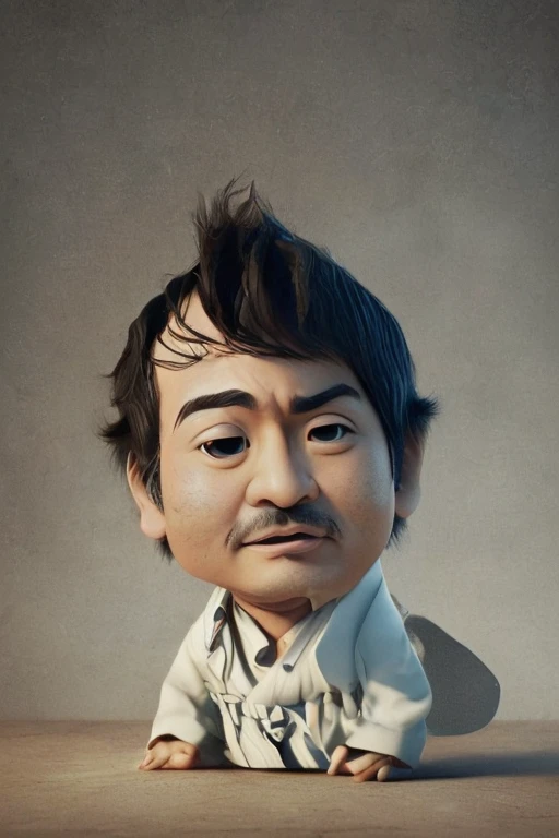 ((Ultra-high resolution, Highest quality, masterpiece: 1.2) Japan comedians,Portrait of Untouchable Hiroya Yamazaki, Japan 50 years old,Middle-aged Asian man,Work clothes,Asian Eyes,(Incredibly small eyes),(Narrow forehead),((Overwhelmingly small forehead)),Extremely small eyebrows,(Thin eyebrows),(灰色のWork clothes),A face like home base,((Square face)),Very narrow eyes,((Single eyelid)),short hair,((No beard)),Big Head,Big face,Beardless face