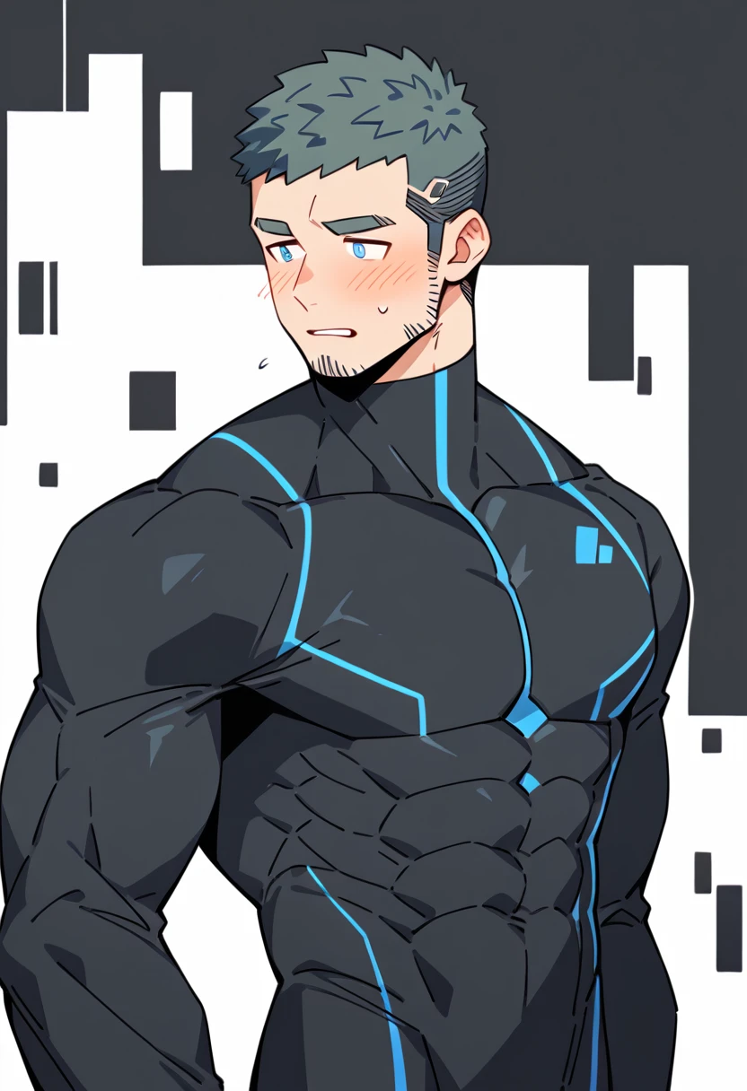 anime characters:Gyee Priapus, Muscle Sports Student, Buzz Cut, Manliness, male focus, Compression bodysuit, Yellow and black high collar long sleeve tight diving suit, Very tight, Regular symmetrical pattern, full and perky chest muscles, muscular male, muscular, only, Upper body, alone, Red short hair, Thick eyebrows, stubble, Brown-red pupils, White background, simple background, amazing quality, best aesthetics, Ridiculous, crew cut, parted lips, flustered, endured face, shy, blush, negative space, negative space, best quality