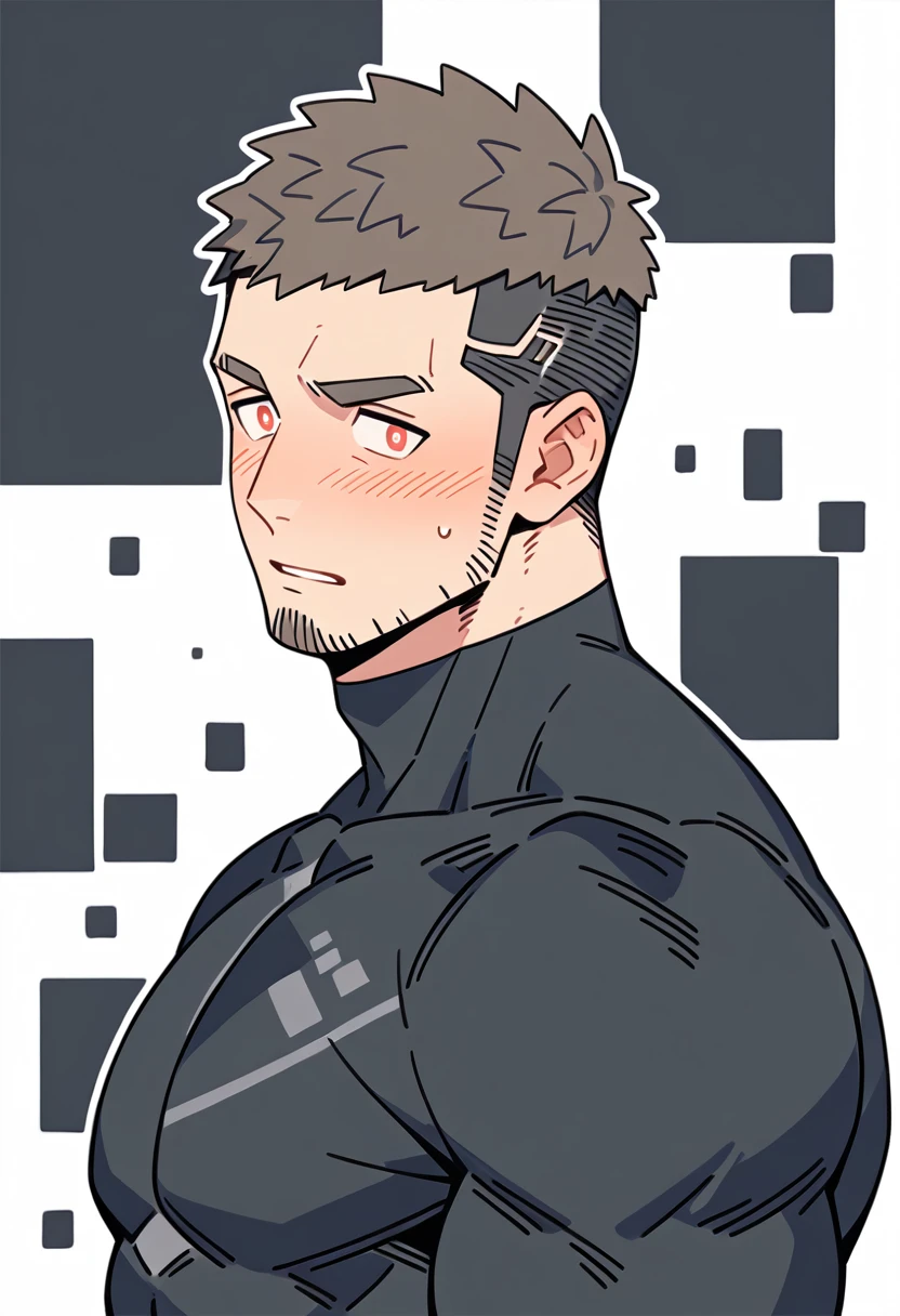 anime characters：Gyee Priapus, Muscle Sports Student, Buzz Cut, Manliness, male focus, Compression bodysuit, Yellow and black high collar long sleeve tight diving suit, Very tight, Regular symmetrical pattern, full and perky chest muscles, muscular male, muscular, only, Upper body, alone, Red short hair, Thick eyebrows, stubble, Brown-red pupils, White background, simple background, amazing quality, best aesthetics, Ridiculous, crew cut, parted lips, flustered, endured face, shy, blush, negative space, negative space, best quality