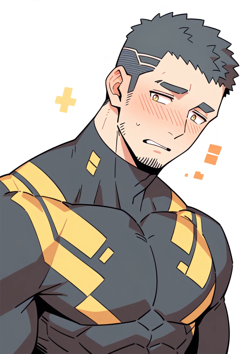 anime characters:Gyee Priapus, Muscle Sports Student, Buzz Cut, Manliness, male focus, Compression bodysuit, Yellow and black high collar long sleeve tight diving suit, Very tight, Regular symmetrical pattern, full and perky chest muscles, muscular male, muscular, only, Upper body, alone, Red short hair, Thick eyebrows, stubble, Brown-red pupils, White background, simple background, amazing quality, best aesthetics, Ridiculous, crew cut, parted lips, flustered, endured face, shy, blush, negative space, negative space, best quality
