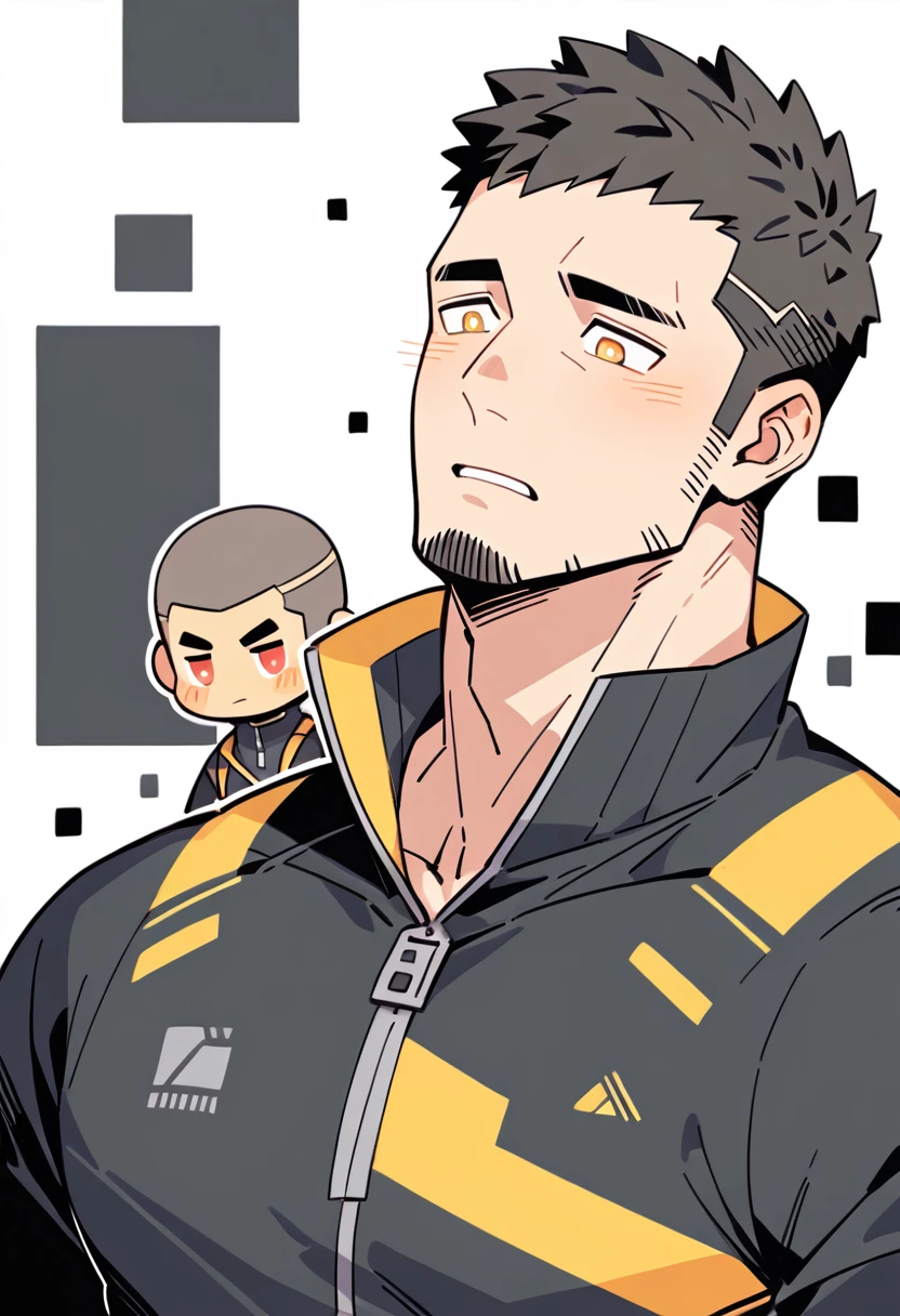 anime characters：Gyee Priapus, Muscle Sports Student, Buzz Cut, Manliness, male focus, Compression bodysuit, Yellow and black high collar long sleeve tight diving suit, Very tight, Regular symmetrical pattern, full and perky chest muscles, muscular male, muscular, only, Upper body, alone, Red short hair, Thick eyebrows, stubble, Brown-red pupils, White background, simple background, amazing quality, best aesthetics, Ridiculous, crew cut, parted lips, flustered, endured face, shy, blush, negative space, negative space, best quality