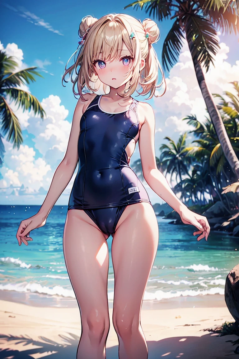 (NSFW:1.2), masterpiece, Highest quality, Ultra-high resolution, Highest Resolution, Very detailed, whole body, thin, very cute,、Complete limbs、Shining Eyes、Full Finger、Slender beauty、Blonde, Bun Hair、Embarrassed look、Writhing expression、Pink、Wear a school swimsuit、Glowing Skin、Knee-length、beach, tree, wind