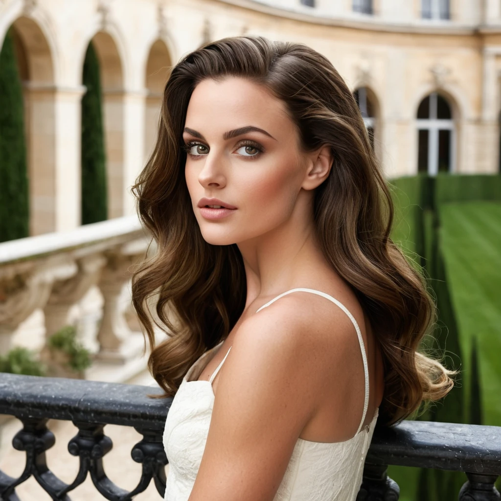 beautiful brunette, (((oval face shape with golden proportions, tall and defined cheekbones, gently angular jaw, slightly pointed chin, medium forehead with gently arched hairline))), wavy brown hair in a sleek half-up hairstyle, ((arched eyebrows)), (((graceful pose, leaning on a balcony, contemplative gaze into the distance))). (((Wide medium shot, showing the character from the thigh up, with the Versailles gardens and palace visible in the background on a sunny day))). highy detailed, 20 year, ((eyes browns)). (((Nose with straight back, slightly rounded tip, harmonious proportion with the face, symmetrical and refined nostrils))). ((Medium, well-defined lips, soft cupid&#39;s bow, natural redness around the edges, smooth texture with visible hydration)). high resolution, work of art. Pele realista Fitzpatrick IV, texture of "Orange peel" subtle on the cheeks, discrete nevus of Ota. ((Wearing a floral midi dress with puff sleeves)). excellent quality, extremely detaild, sharp focus, ((tiro Hasselblad X1D II 50C, 90mm f/3.2)), Fujifilm Velvia 50 color vision. Proportionate Body, photoshot_(ultra), photoshotrrealismo, photoshotgrafia (film grain) (((golden late afternoon light with reflections in the gardens))) Em primeiro plano