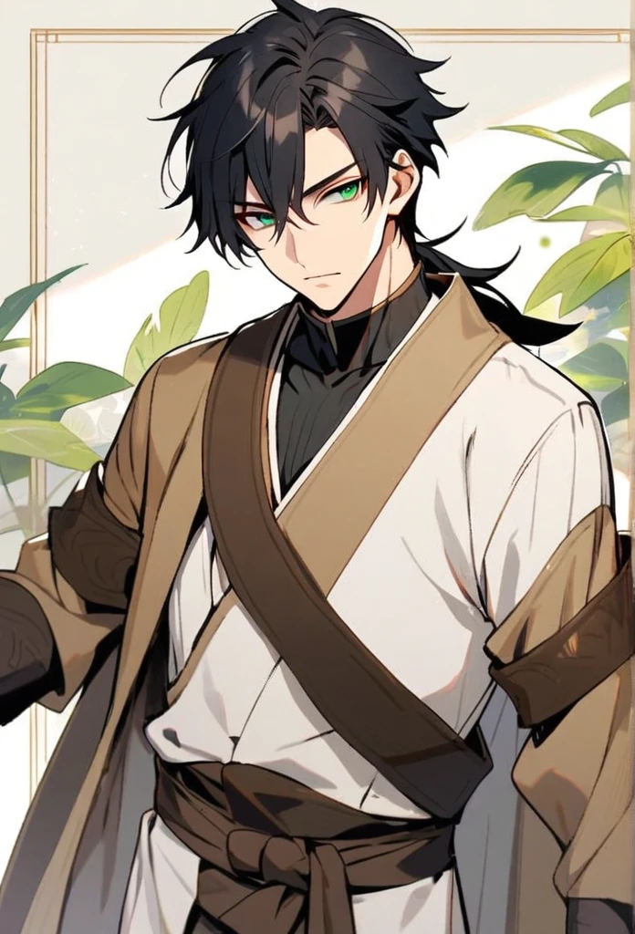 Handsome, solo, 1 male, short black hair, green eyes, brown sao costume, white coat,