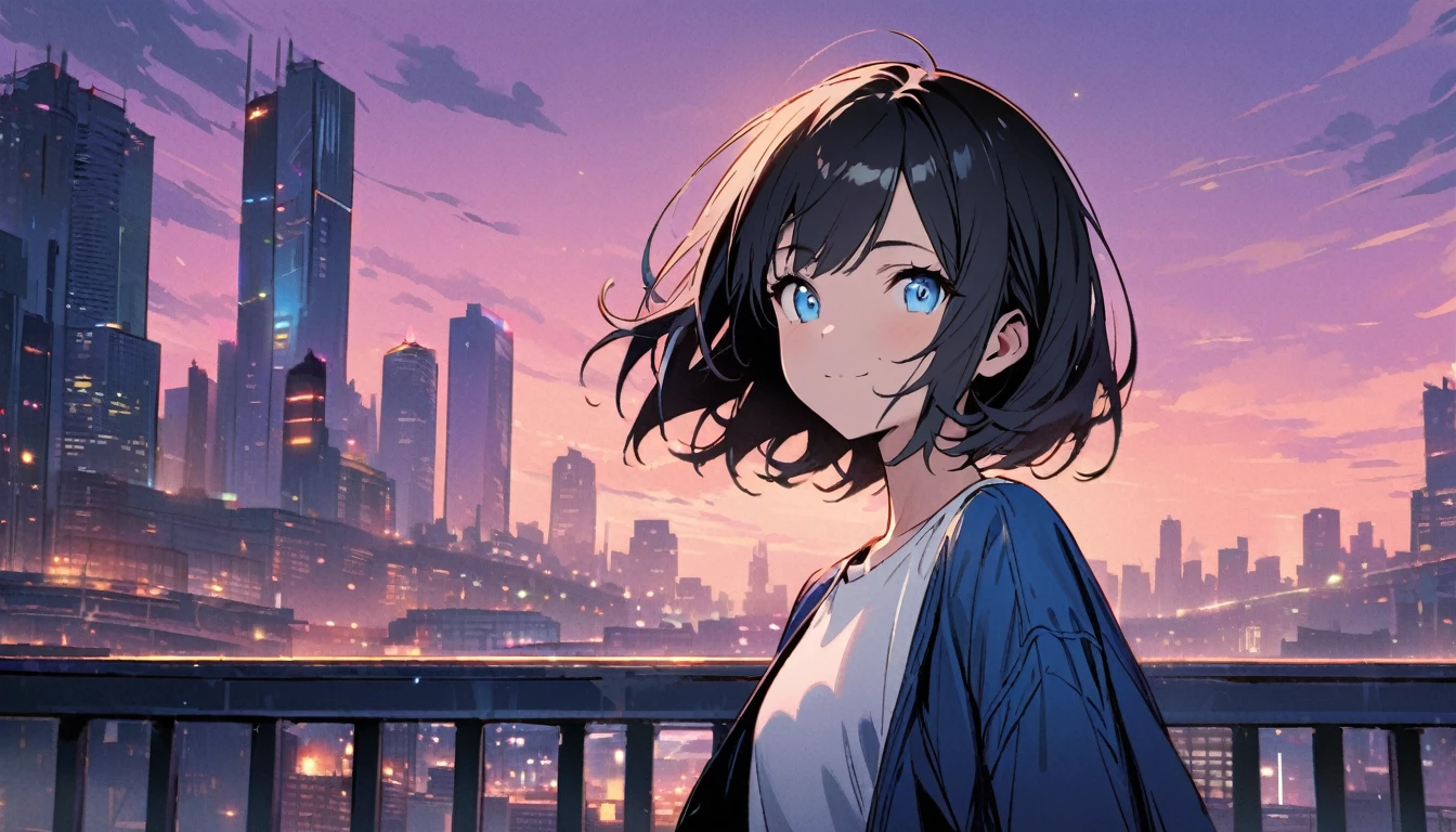 1girl, solo, blue eyes, (detailed eyes), flat chest, short hair, black hair, ((white t-shirt)), simple t-shirt, black skirt, black socks, standing, upper body, gentle smile on her face((masterpiece, illustration, best quality)) girl in a blue coat Wear sunglasses Behind is the cityscape in the evening. There are twinkling lights of the city amidst the blue, blue, and purple sky. Cool girls stand on high balconies or bridges. Looking out at the city with a confident and calm expression. The colors of the picture emphasize the dramatic tone. close up to the face