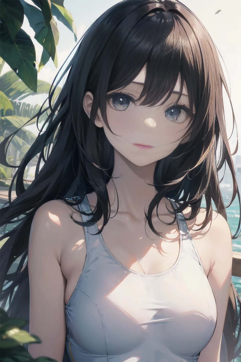 high quality、最high quality、Ultra-high resolution、Slender beauty、White color swimsuit、Black Hair、Embarrassed look、Pleasant expression、Droopy eyes、crack