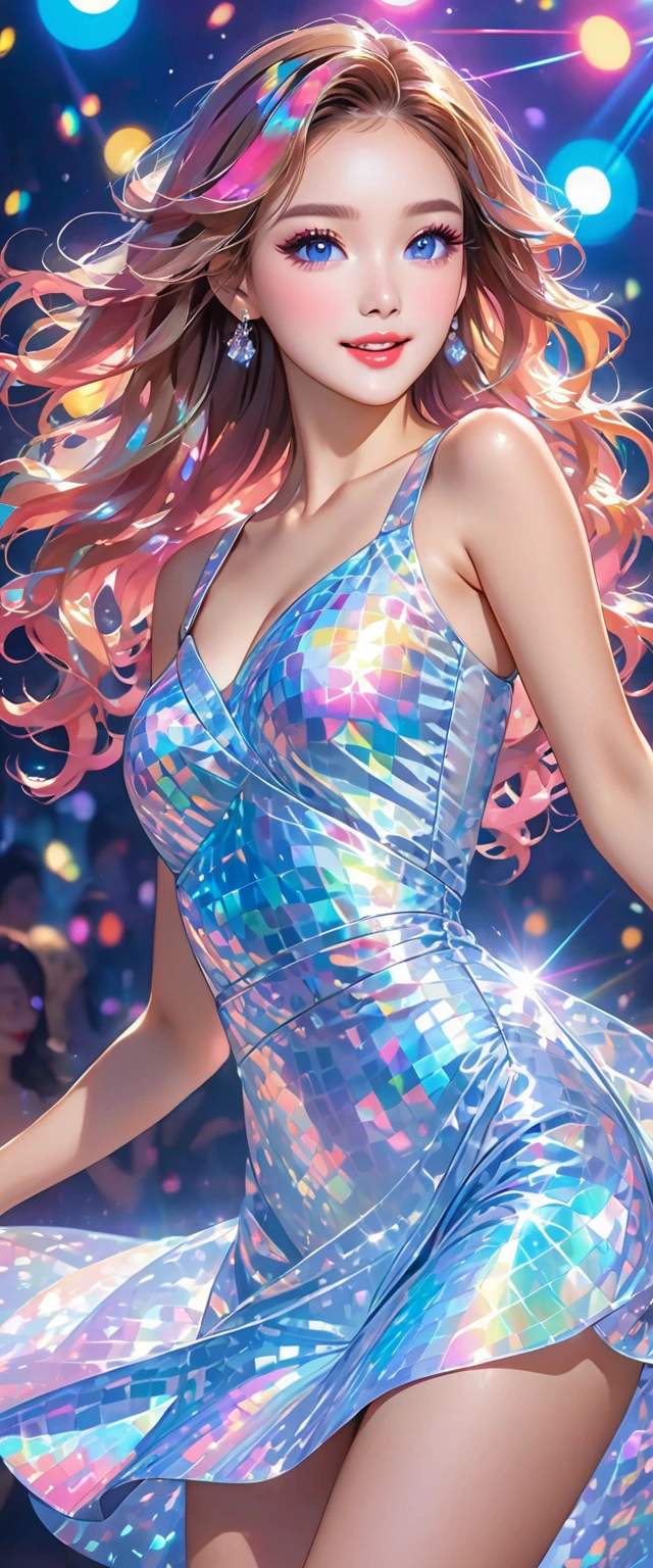 Highest quality、High resolution、Detailed Background、Beautiful face in every detail、Detailed facial expressions、Beautiful women in their 20s、Brightly colored hair、Long Hair、Wavy Hairstyle、Cute Eye Makeup、Cute Lip Makeup、Perfect body line、Vibrant、(Beautiful woman dancing in a holographic laser dress under the lights:1.5)、
Dance to the rhythm with relaxed steps to impress.、Eyes that everyone admires、Bodycon Dress、It&#39;s also a good idea to incorporate glamorous details such as lace and metallics.、Add subtle accents with necklaces, earrings, rings, etc.、very beautiful