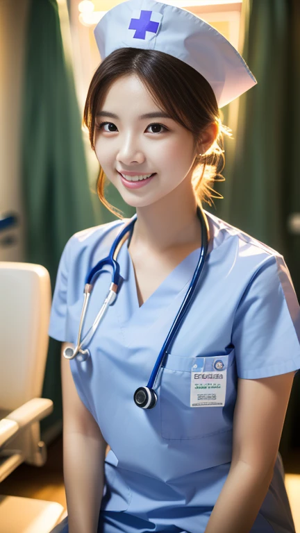 (Ulzzang-6500-v1.1, masterpiece, highest quality:1.3, ultra-detailed 8k:1.2, hyperrealistic:1.35, raw photo:1.2, highest quality, high resolution, wallpaper, realistic, dramatic, realistic painting art by midjourney:1.3, 1 nurse, 28yo, white nurse uniform, basic nurse cap, short white tight skirt:1.3, super beautiful, beautiful skin, beautiful and detailed eyes, detailed face, symmatrical face, perfect style, treatment room in a hospital room, take photos from up close to her, ample bosom, very detailed face, stethoscope, double eyelid, snaggle-tooth, brown eyes, short ponytail hair, chest strengthening, emphasize body line, friendly smile, beautiful lips, glossy lips, white teeth, detailed background of the hospital room, perfect lighting, natural soft light)