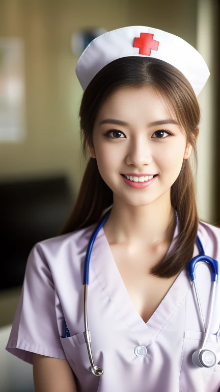 (Ulzzang-6500-v1.1, masterpiece, highest quality:1.3, ultra-detailed 8k:1.2, hyperrealistic:1.35, raw photo:1.2, highest quality, high resolution, wallpaper, realistic, dramatic, realistic painting art by midjourney:1.3, 1 nurse, 28yo, white nurse uniform, basic nurse cap, short white tight skirt:1.3, super beautiful, beautiful skin, beautiful and detailed eyes, detailed face, symmatrical face, perfect style, treatment room in a hospital room, take photos from up close to her, ample bosom, very detailed face, stethoscope, double eyelid, snaggle-tooth, brown eyes, short ponytail hair, chest strengthening, emphasize body line, friendly smile, beautiful lips, glossy lips, white teeth, detailed background of the hospital room, perfect lighting, natural soft light)